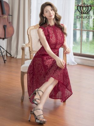 画像1: [送料無料][ERUKEI]ワインレッド・ピンク・ベージュ・ホワイト・ネイビー・総レース・プチハイネック・ノースリーブ・Aライン・ミディアムドレス・ワンピース[即日発送][大きいサイズあり]