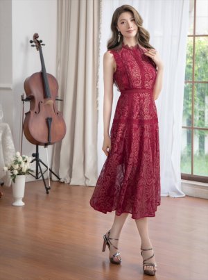 画像12: [送料無料][ERUKEI]ホワイト・ネイビー・ワインレッド・ピンク・ベージュ・総レース・プチハイネック・ノースリーブ・Aライン・ミディアムドレス・ワンピース[即日発送][大きいサイズあり]
