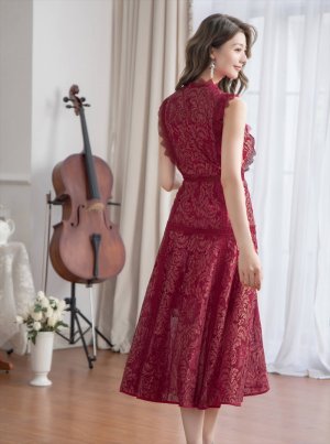 画像13: [送料無料][ERUKEI]ホワイト・ネイビー・ワインレッド・ピンク・ベージュ・総レース・プチハイネック・ノースリーブ・Aライン・ミディアムドレス・ワンピース[即日発送][大きいサイズあり]