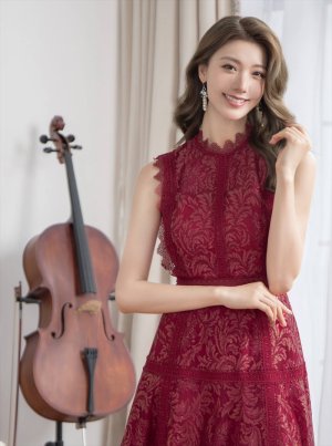 画像10: [送料無料][ERUKEI]ネイビー・ワインレッド・ピンク・ベージュ・ホワイト・総レース・プチハイネック・ノースリーブ・Aライン・ミディアムドレス・ワンピース[即日発送][大きいサイズあり]