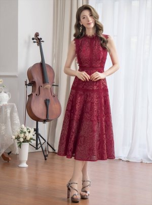 画像14: [送料無料][ERUKEI]ホワイト・ネイビー・ワインレッド・ピンク・ベージュ・総レース・プチハイネック・ノースリーブ・Aライン・ミディアムドレス・ワンピース[即日発送][大きいサイズあり]