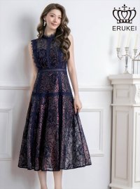 [送料無料][ERUKEI]ネイビー・ワインレッド・ピンク・ベージュ・ホワイト・総レース・プチハイネック・ノースリーブ・Aライン・ミディアムドレス・ワンピース[即日発送][大きいサイズあり]