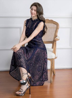 画像10: [送料無料][ERUKEI]ホワイト・ネイビー・ワインレッド・ピンク・ベージュ・総レース・プチハイネック・ノースリーブ・Aライン・ミディアムドレス・ワンピース[即日発送][大きいサイズあり]