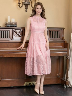 画像5: [送料無料][ERUKEI]ピンク・ベージュ・ホワイト・ネイビー・ワインレッド・総レース・プチハイネック・ノースリーブ・Aライン・ミディアムドレス・ワンピース[即日発送][大きいサイズあり]