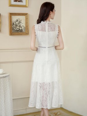 画像3: [送料無料][ERUKEI]ホワイト・ネイビー・ワインレッド・ピンク・ベージュ・総レース・プチハイネック・ノースリーブ・Aライン・ミディアムドレス・ワンピース[即日発送][大きいサイズあり]