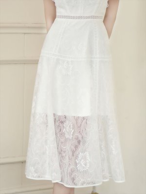 画像5: [送料無料][ERUKEI]ホワイト・ネイビー・ワインレッド・ピンク・ベージュ・総レース・プチハイネック・ノースリーブ・Aライン・ミディアムドレス・ワンピース[即日発送][大きいサイズあり]