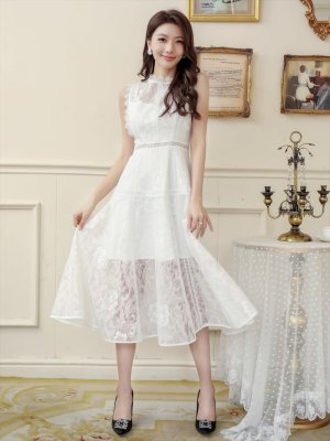 画像6: [送料無料][ERUKEI]ホワイト・ネイビー・ワインレッド・ピンク・ベージュ・総レース・プチハイネック・ノースリーブ・Aライン・ミディアムドレス・ワンピース[即日発送][大きいサイズあり]