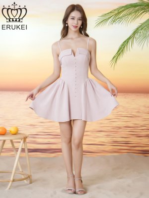 画像1: [送料無料][ERUKEI]ピンク・ワンカラー・胸元Vカット・キャミソール・フレア・Aライン・ノースリーブ・ミニドレス・ワンピース[即日発送][大きいサイズあり]