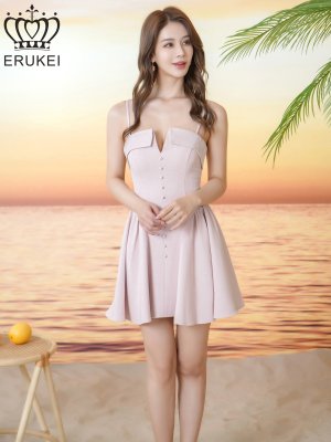 画像5: [送料無料][ERUKEI]ピンク・ワンカラー・胸元Vカット・キャミソール・フレア・Aライン・ノースリーブ・ミニドレス・ワンピース[即日発送][大きいサイズあり]