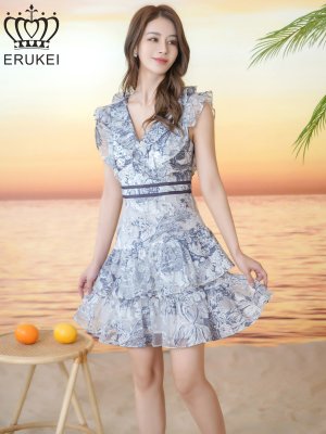 画像1: [送料無料][ERUKEI]ホワイト×ネイビー・プリント・花柄・Vネック・ノースリーブ・ティアード・フリル・切替・Aライン・ミニドレス・ワンピース[即日発送][大きいサイズあり]