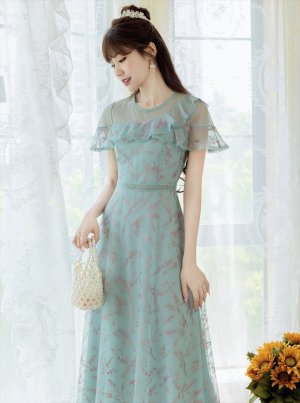 画像3: [送料無料][ERUKEI]グリーン・パープル・ケープ風・フリルスリーブ・ Aライン・ラメ・ミディアムドレス・ワンピース[即日発送][大きいサイズあり]