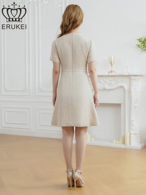 画像3: [送料無料][ERUKEI]ベージュ・ホワイト・ピンク・ワインレッド・ネイビー・グレー・ブラック・半袖・Aライン・お花ボタン・ミニドレス・ワンピース[即日発送][大きいサイズあり]