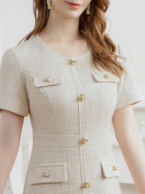 画像4: [送料無料][ERUKEI]ベージュ・ホワイト・ピンク・ワインレッド・ネイビー・グレー・ブラック・半袖・Aライン・お花ボタン・ミニドレス・ワンピース[即日発送][大きいサイズあり]