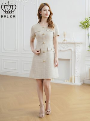 画像5: [送料無料][ERUKEI]ベージュ・ホワイト・ピンク・ワインレッド・ネイビー・グレー・ブラック・半袖・Aライン・お花ボタン・ミニドレス・ワンピース[即日発送][大きいサイズあり]