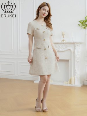 画像6: [送料無料][ERUKEI]ベージュ・ホワイト・ピンク・ワインレッド・ネイビー・グレー・ブラック・半袖・Aライン・お花ボタン・ミニドレス・ワンピース[即日発送][大きいサイズあり]