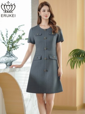 画像1: [送料無料][ERUKEI]グレー・ワインレッド・ネイビー・ブラック・ピンク・ホワイト・ベージュ・半袖・Aライン・お花ボタン・ミニドレス・ワンピース[即日発送][大きいサイズあり]