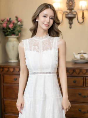 画像4: [送料無料][ERUKEI]ホワイト・ピンク・ネイビー・オーロラ・総レース・ノースリーブ・プチハイネック・プリンセス・Aライン・ロングドレス[即日発送][大きいサイズあり]