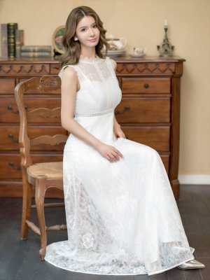 画像6: [送料無料][ERUKEI]ホワイト・ピンク・ネイビー・オーロラ・総レース・ノースリーブ・プチハイネック・プリンセス・Aライン・ロングドレス[即日発送][大きいサイズあり]