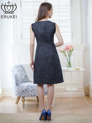 画像15: [送料無料][ERUKEI]レッド・ワインレッド・ブルー・ツイード・ノースリーブ・切り替え・Aライン・ミディアムドレス・ワンピース[即日発送][大きいサイズあり]