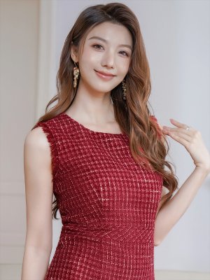 画像4: [送料無料][ERUKEI]レッド・ワインレッド・ブルー・ツイード・ノースリーブ・切り替え・Aライン・ミディアムドレス・ワンピース[即日発送][大きいサイズあり]