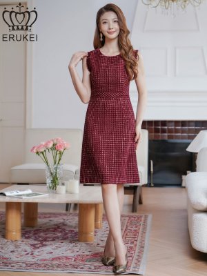 画像11: [送料無料][ERUKEI]レッド・ワインレッド・ブルー・ツイード・ノースリーブ・切り替え・Aライン・ミディアムドレス・ワンピース[即日発送][大きいサイズあり]