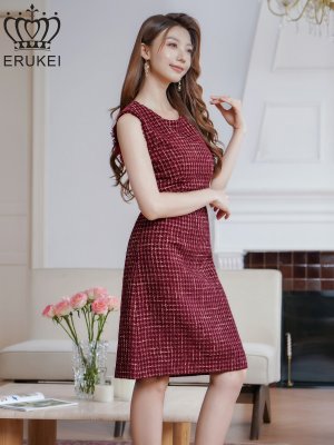 画像12: [送料無料][ERUKEI]レッド・ワインレッド・ブルー・ツイード・ノースリーブ・切り替え・Aライン・ミディアムドレス・ワンピース[即日発送][大きいサイズあり]