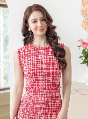 画像4: [送料無料][ERUKEI]レッド・タイト・ノースリーブ・ツイード・フリンジ・ミディアムドレス・ワンピース[即日発送][大きいサイズあり]