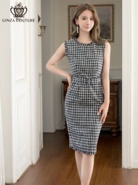 [送料無料][GINZA COUTURE]ブラック×ホワイト・ツイード・タイト・ベルト付き・ミニドレス・ワンピース[即日発送][大きいサイズあり]