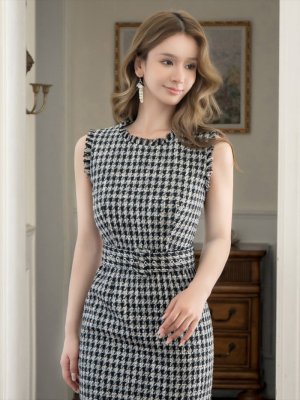 画像4: [送料無料][GINZA COUTURE]ブラック×ホワイト・ツイード・タイト・ベルト付き・ミニドレス・ワンピース[即日発送][大きいサイズあり]