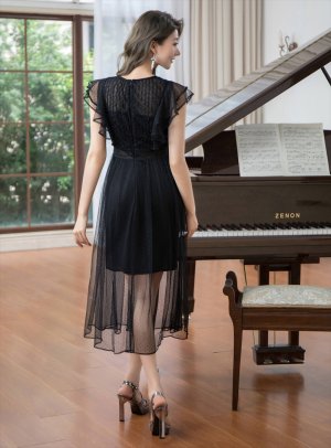 画像3: [送料無料][ERUKEI]ブラック・総レース・シアー・フリルスリーブ・インナータイトミニ・Aライン・ミディアムドレス・ワンピース[即日発送][大きいサイズあり]