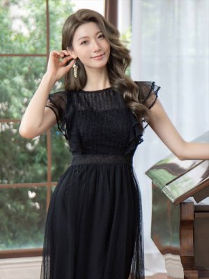 画像4: [送料無料][ERUKEI]ブラック・総レース・シアー・フリルスリーブ・インナータイトミニ・Aライン・ミディアムドレス・ワンピース[即日発送][大きいサイズあり]