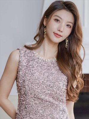 画像4: [送料無料][ERUKEI]ピンク・グレー・ツイード・ネックパール・ノースリーブ・フレア・Aライン・ミニドレス・ワンピース[即日発送][大きいサイズあり]