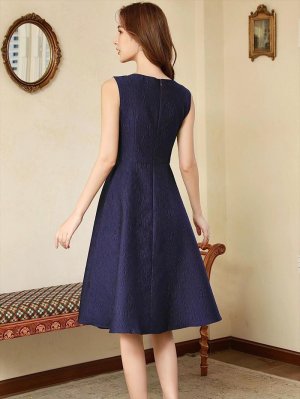 画像9: [送料無料][ERUKEI]ワインレッド・ネイビー・ホワイト・シンプル・ジャガード・切り込みカット・フレア・Aライン・ノースリーブ・膝丈・ミニドレス・ワンピース[即日発送][大きいサイズあり]