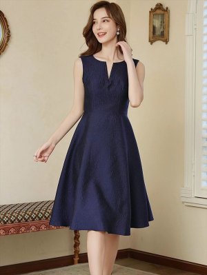 画像10: [送料無料][ERUKEI]ワインレッド・ネイビー・ホワイト・シンプル・ジャガード・切り込みカット・フレア・Aライン・ノースリーブ・膝丈・ミニドレス・ワンピース[即日発送][大きいサイズあり]