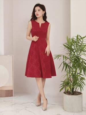 画像6: [送料無料][ERUKEI]ワインレッド・ネイビー・ホワイト・シンプル・ジャガード・切り込みカット・フレア・Aライン・ノースリーブ・膝丈・ミニドレス・ワンピース[即日発送][大きいサイズあり]