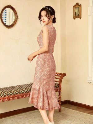 画像20: [送料無料][ERUKEI]ホワイト・ブラック・レッド・ブルー・イエロー・ピンク・ノースリーブ・総レース・マーメイド・ひざ下・ミディアムワンピース・ワンピース[即日発送][大きいサイズあり]