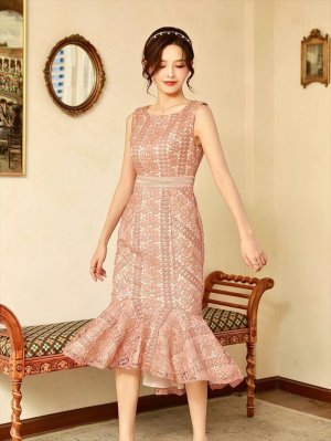 画像4: [送料無料][ERUKEI]ピンク・レッド・ブラック・ホワイト・イエロー・ブルー・ノースリーブ・総レース・マーメイド・ひざ下・ミディアムドレス・ワンピース[即日発送][大きいサイズあり]