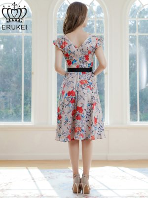画像3: [送料無料][ERUKEI]レッド・イエロー・花柄・プリント・サテン・フリルスリーブ・Aライン・リボンベルト・ミニドレ・ワンピース[即日発送][大きいサイズあり]