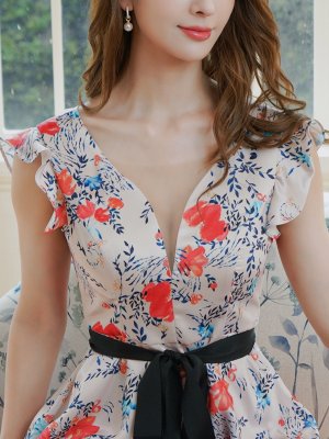 画像4: [送料無料][ERUKEI]レッド・イエロー・花柄・プリント・サテン・フリルスリーブ・Aライン・リボンベルト・ミニドレ・ワンピース[即日発送][大きいサイズあり]