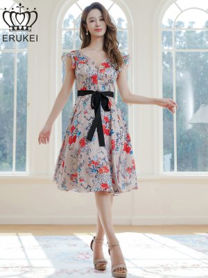 画像5: [送料無料][ERUKEI]レッド・イエロー・花柄・プリント・サテン・フリルスリーブ・Aライン・リボンベルト・ミニドレ・ワンピース[即日発送][大きいサイズあり]