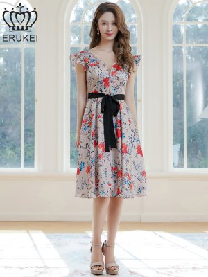 画像6: [送料無料][ERUKEI]レッド・イエロー・花柄・プリント・サテン・フリルスリーブ・Aライン・リボンベルト・ミニドレ・ワンピース[即日発送][大きいサイズあり]