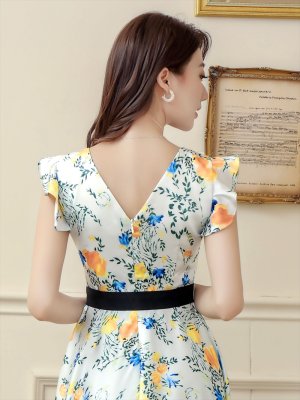 画像11: [送料無料][ERUKEI]レッド・イエロー・花柄・プリント・サテン・フリルスリーブ・Aライン・リボンベルト・ミニドレ・ワンピース[即日発送][大きいサイズあり]