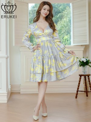 画像1: [送料無料][ERUKEI]グレー×イエロー・ペイント柄・花柄・サテン・Vネック・長袖・ティアード・Aライン・膝丈・ミディアムドレス・ワンピース[即日発送][大きいサイズあり]