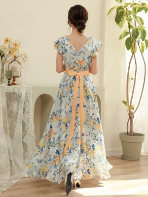 画像6: [送料無料][ERUKEI]イエロー・レッド・花柄・プリント・サテン・フリルスリーブ・Aライン・リボンベルト・ロングドレス[即日発送][大きいサイズあり]