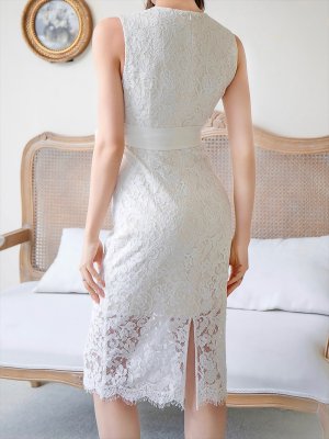 画像9: [送料無料][ERUKEI]ワインレッド・ホワイト・ブラック・総レース・Vネック・ノースリーブ・リボンベルト・膝丈・ミディアムドレス・ワンピース[即日発送][大きいサイズあり]