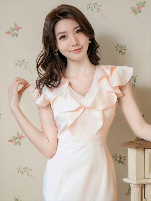 画像14: [送料無料][ERUKEI]グリーン・ネイビー・ベージュ・ワインレッド・ピンク・ブルー・Vネック・フリル袖 ・タイト・ミニドレス・ワンピース[即日発送][大きいサイズあり]