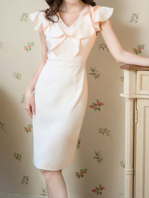 画像15: [送料無料][ERUKEI]ワインレッド・ネイビー・ベージュ・グリーン・ピンク・ブルー・Vネック・フリル袖 ・タイト・ミニドレス・ワンピース[即日発送][大きいサイズあり]