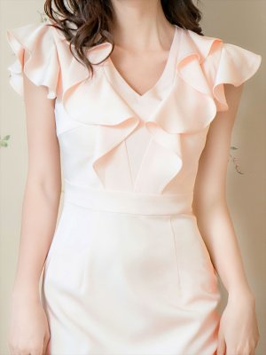 画像6: [送料無料][ERUKEI]ベージュ・グリーン・ネイビー・ワインレッド・ピンク・ブルー・Vネック・フリル袖 ・タイト・ミニドレス・ワンピース[即日発送][大きいサイズあり]