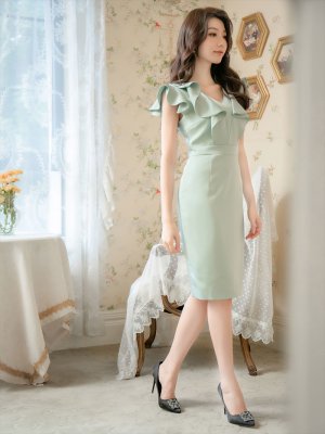 画像6: [送料無料][ERUKEI]グリーン・ネイビー・ベージュ・ワインレッド・ピンク・ブルー・Vネック・フリル袖 ・タイト・ミニドレス・ワンピース[即日発送][大きいサイズあり]