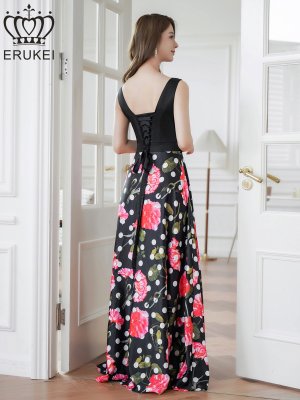 画像3: [送料無料][ERUKEI]ブラック×ピンク・ドット・フラワープリント・切替・スピンドル・Vネック・ノースリーブ・Aライン・ロングドレス[即日発送][大きいサイズあり]